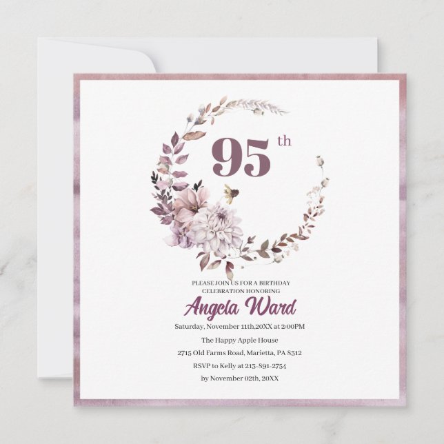 Invitación Elegante celebración de cumpleaños purpurina flora (Anverso)