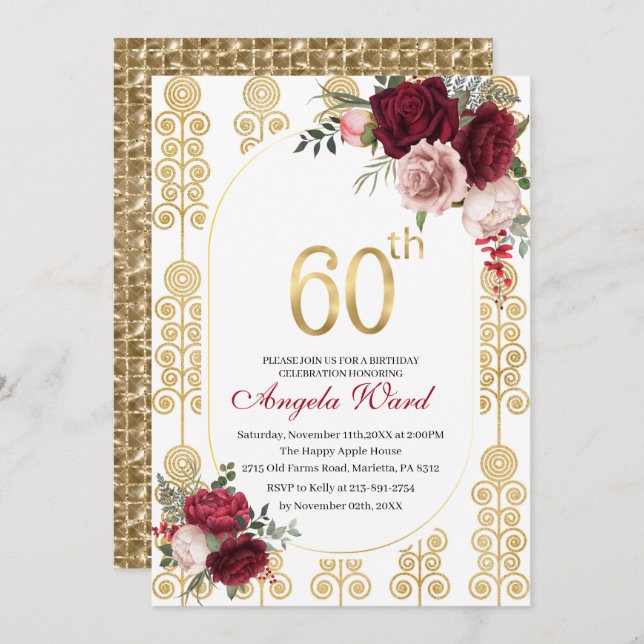 Invitación Elegante celebración de cumpleaños purpurina flora (Anverso / Reverso)