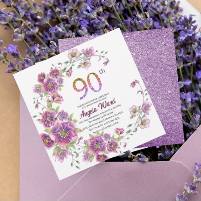 Invitación Elegante celebración de cumpleaños purpurina flora (Subido por el creador)