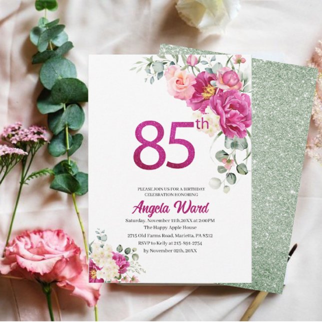 Invitación Elegante celebración de cumpleaños purpurina flora (Subido por el creador)