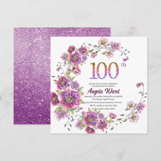 Invitación Elegante celebración de cumpleaños purpurina flora (Anverso / Reverso)