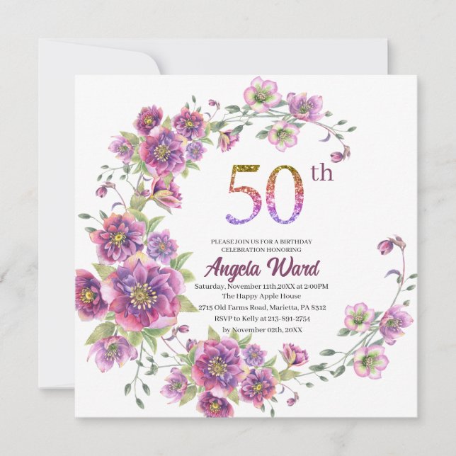 Invitación Elegante celebración de cumpleaños purpurina flora (Anverso)