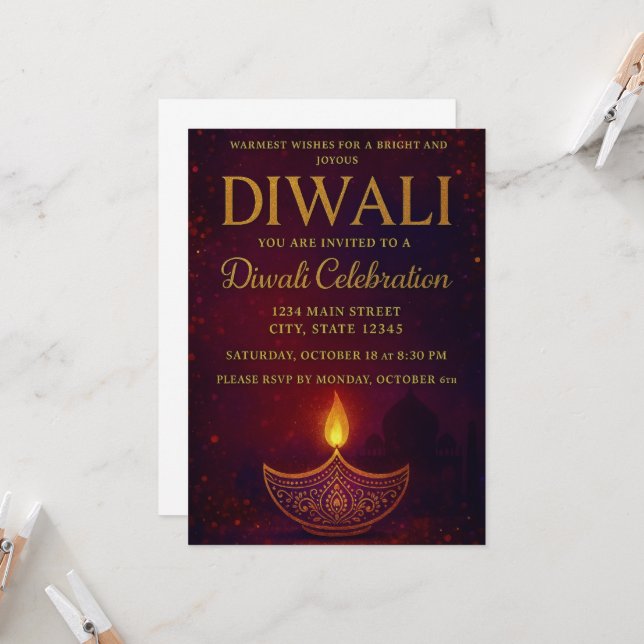 Invitación Elegante celebración de Diya y Gold Script Diwali (Anverso/Reverso In Situ)