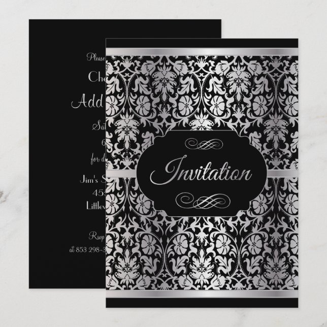 Invitación Elegante celebración de Fiestas plateados y negros (Anverso / Reverso)