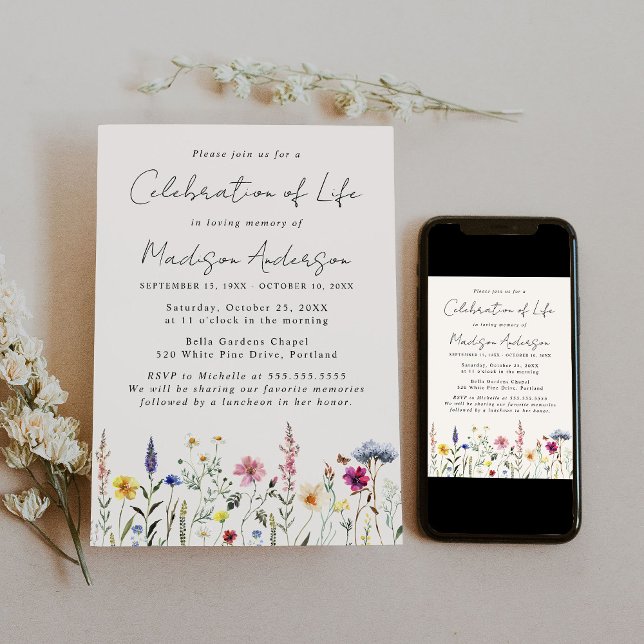 Invitación Elegante celebración de Flor Silvestre del Funeral (Subido por el creador)