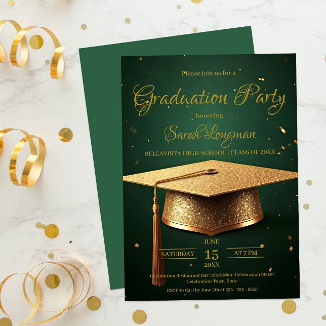 Invitación Elegante celebración de Graduación Verde y Oro (Subido por el creador)