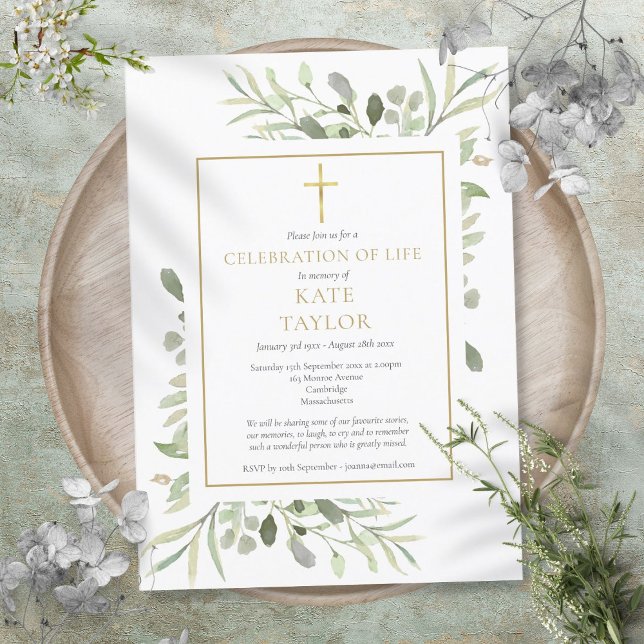 Invitación Elegante celebración de la vegetación del funeral  (Elegant Greenery Celebration of Life Funeral Invitation)