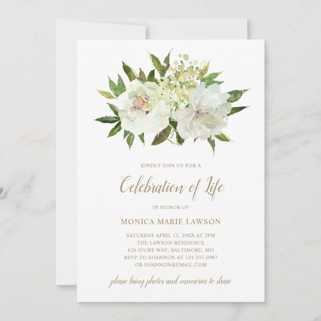 Invitación Elegante Celebración De La Vida Con Floral Blanca  (Anverso)