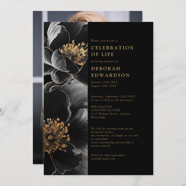 Invitación Elegante Celebración De La Vida Con Floral De Oro  (Anverso / Reverso)