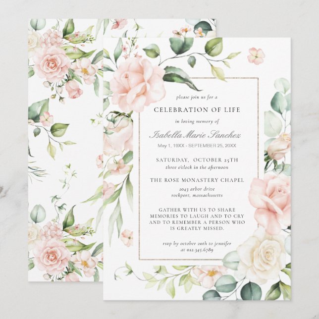 Invitación Elegante celebración de la vida con flores rosadas (Anverso / Reverso)