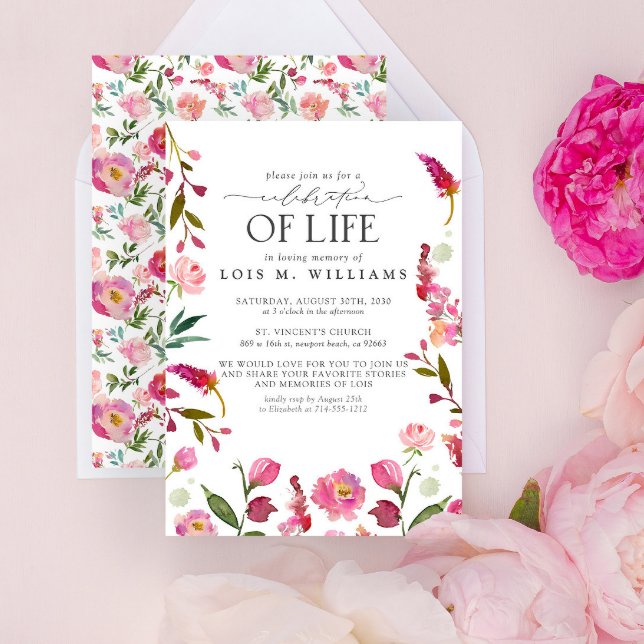Invitación Elegante celebración de la vida con flores rosadas (Easily personalize with your unique details)