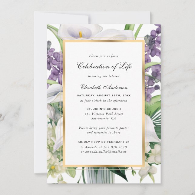 Invitación Elegante celebración de la vida con fotos de Calla (Anverso)