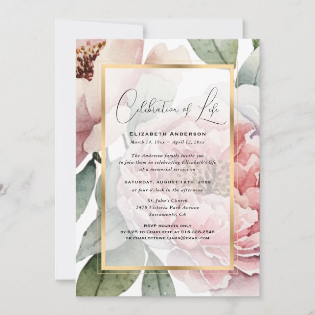 Invitación Elegante celebración de la vida con fotos de flore (Anverso)