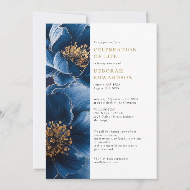 Invitación Elegante Celebración De La Vida De La Marina Azul  (Anverso)