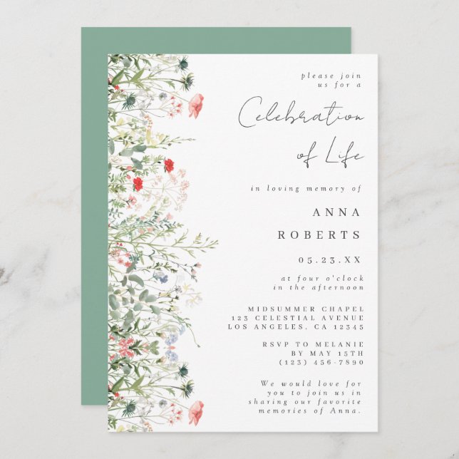 Invitación Elegante Celebración de la Vida en Campo de Flores (Anverso / Reverso)