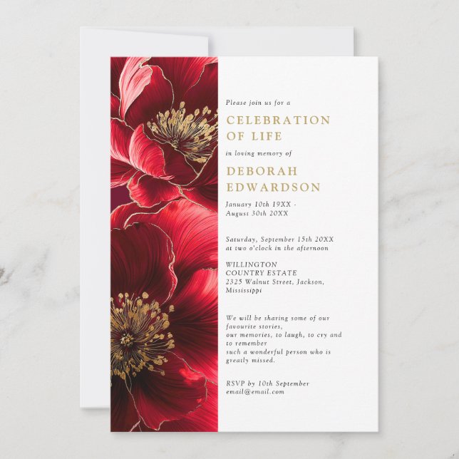 Invitación Elegante Celebración de la Vida Floral Roja (Anverso)