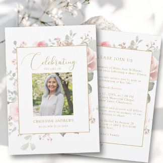 Invitación Elegante Celebración de la Vida Foto Rosas Funeral
