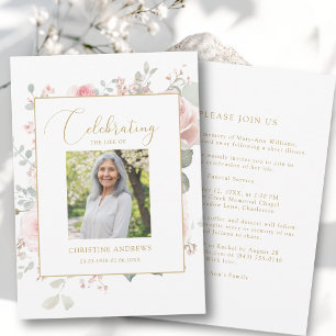 Invitación Elegante Celebración de la Vida Foto Rosas Funeral
