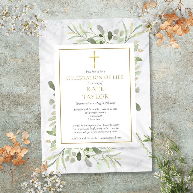 Invitación Elegante celebración de Mármol del funeral de la v (Elegant Marble Celebration of Life Funeral Invitation)