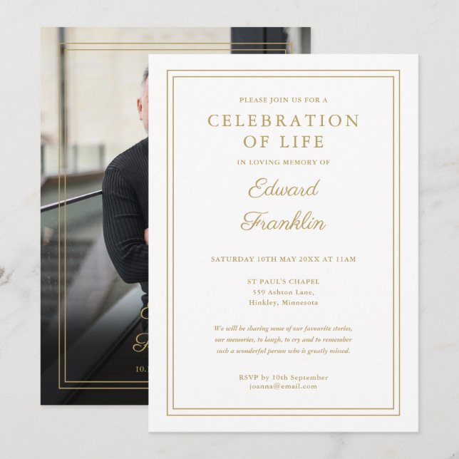 Invitación Elegante Celebración De Oro De La Foto Del Funeral (Anverso / Reverso)