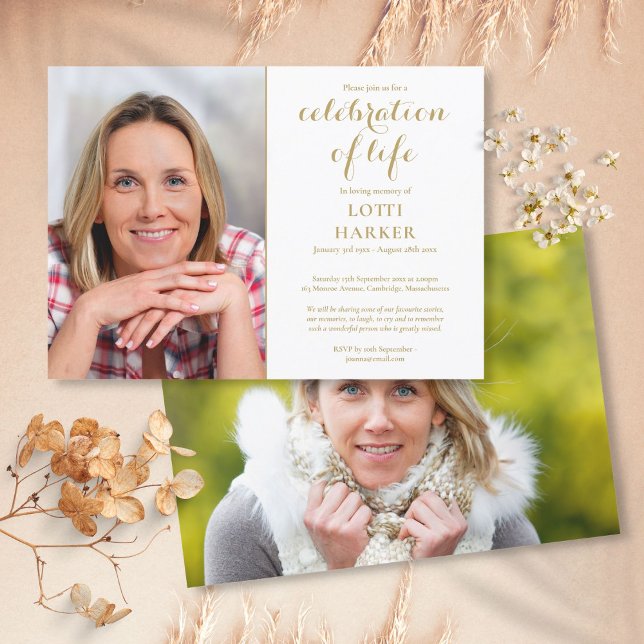 Invitación Elegante celebración de oro del funeral de la vida (Elegant Gold Celebration of Life Funeral 2 Photo Invitation)