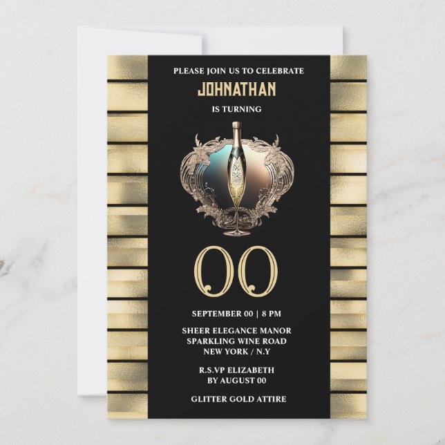 Invitación Elegante celebración de oro negro con vino espumos (Anverso)