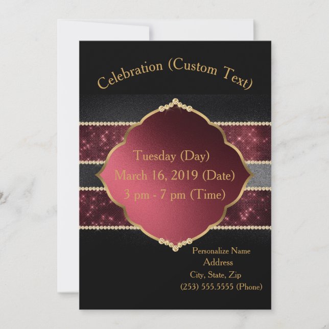 Invitación Elegante celebración de oro y borgoña personalizad (Anverso)