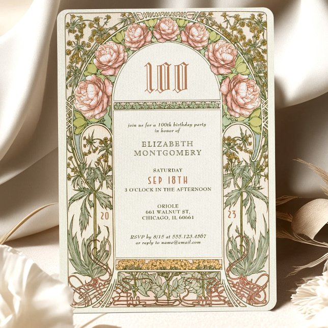 Invitación Elegante celebración de Peony 100 Art Nouveau Much (Subido por el creador)