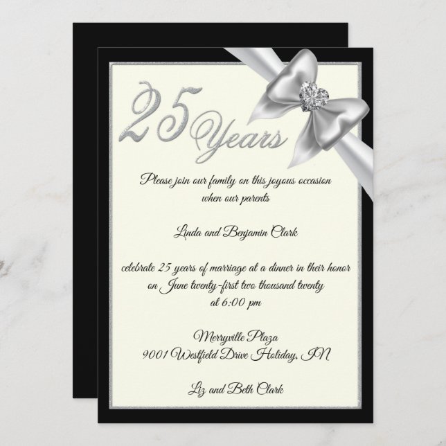 Invitación Elegante celebración del 25° aniversario de Plata (Anverso / Reverso)