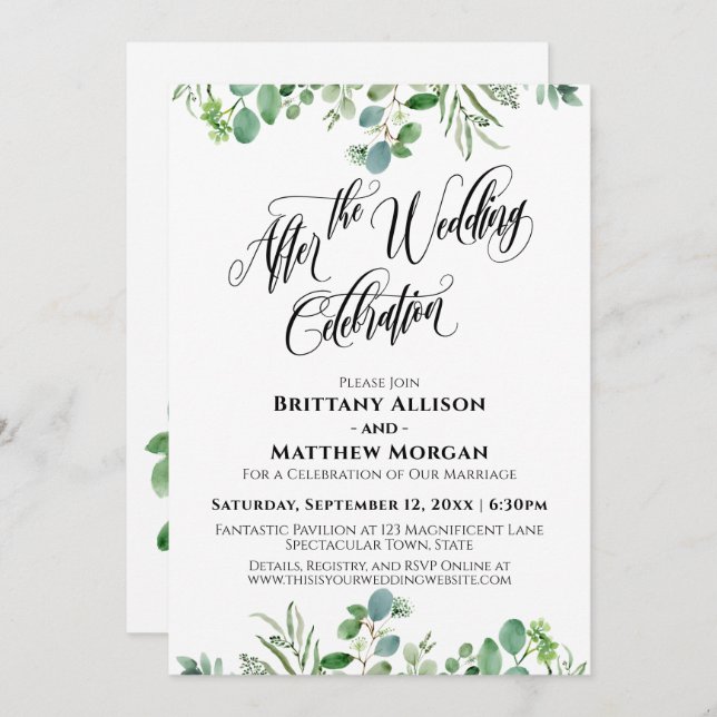 Invitación Elegante celebración después de la boda Eucalipto (Anverso / Reverso)