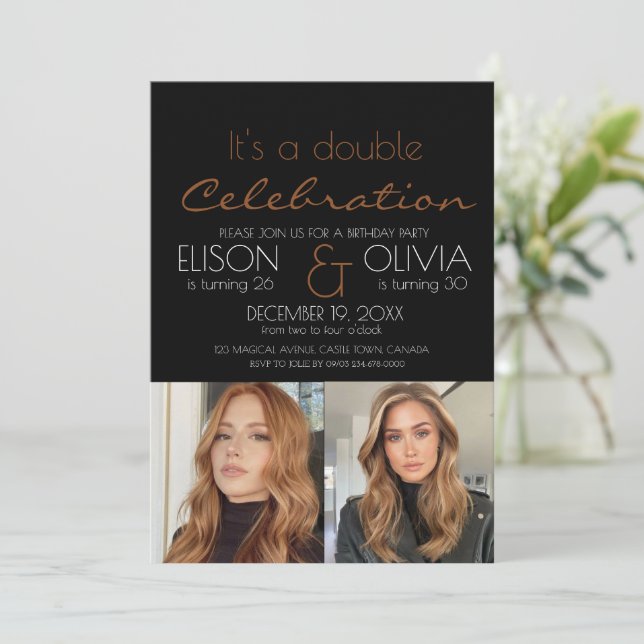 Invitación Elegante celebración doble foto cumpleaños negro (Anverso de pie)