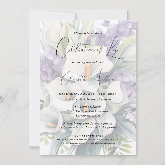 Invitación Elegante celebración floral de Calla Lily de la vi (Anverso)