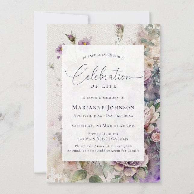 Invitación Elegante celebración floral de la vida (Anverso)