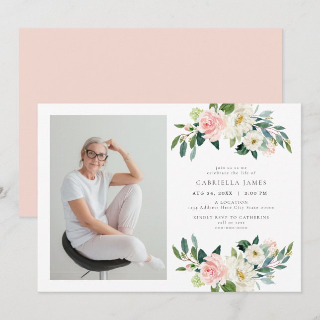 Invitación Elegante celebración floral de Rubor del funeral d (Anverso / Reverso)