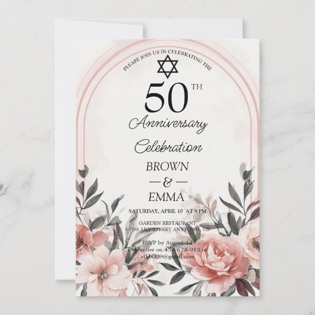 Invitación Elegante Celebración Floral del 50 Aniversario de  (Anverso)