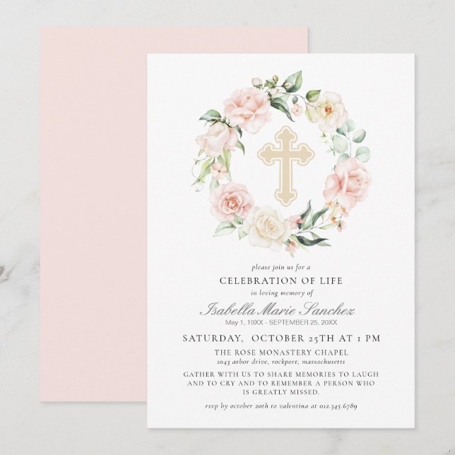 Invitación Elegante celebración floral rosada del funeral de  (Anverso / Reverso)