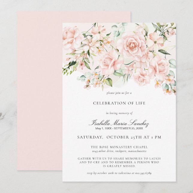 Invitación Elegante celebración floral rosada del funeral de  (Anverso / Reverso)