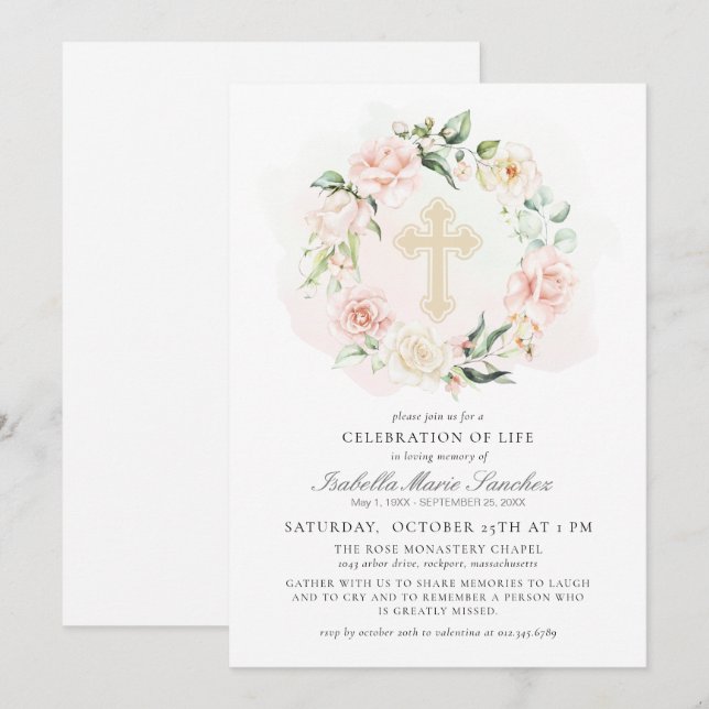 Invitación Elegante celebración floral rosada del funeral de  (Anverso / Reverso)