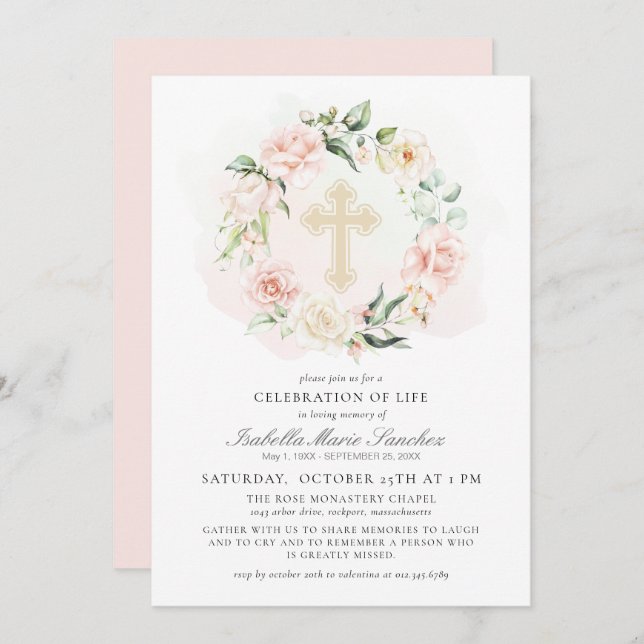 Invitación Elegante celebración floral rosada del funeral de  (Anverso / Reverso)