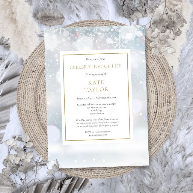 Invitación Elegante celebración funeraria de invierno de la v (Elegant Winter Funeral Celebration of Life Invitation)