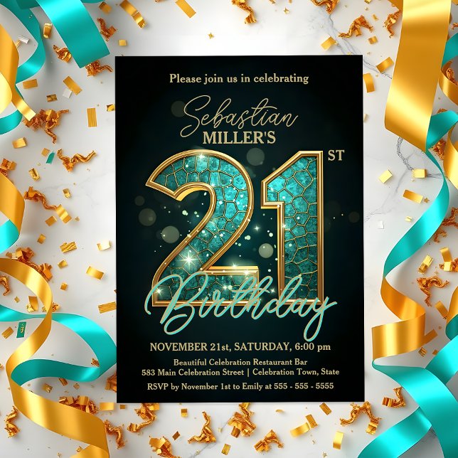 Invitación Elegante celebración Verde azulada y de oro del 21 (Subido por el creador)