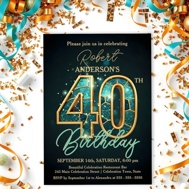 Invitación Elegante celebración Verde azulada y de oro por lo (Subido por el creador)