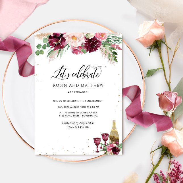 Invitación Elegante celebremos la floral rosa Rubor borgoña (Subido por el creador)