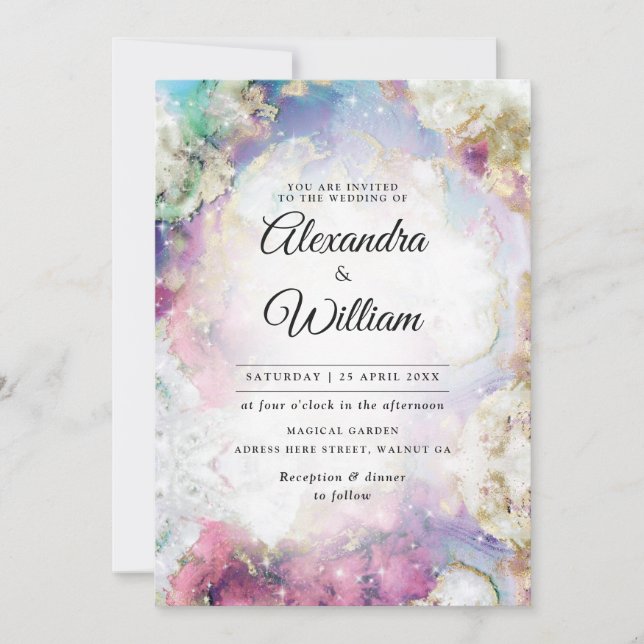 Invitación Elegante celeste acuarela Boda de oro moderno (Anverso)
