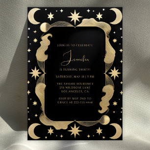 Invitación Elegante Celestial Black & Gold Stars 30 cumpleaño