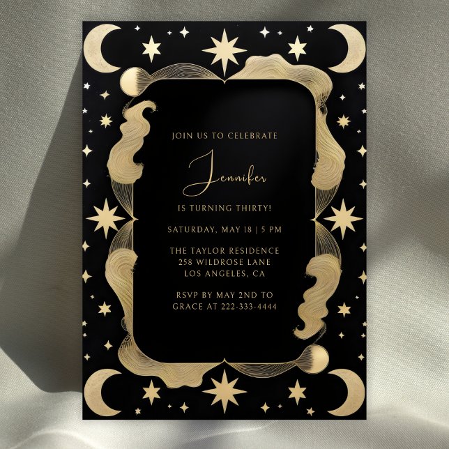 Invitación Elegante Celestial Black & Gold Stars 30 cumpleaño (Elegant Celestial 30th Birthday Invitation Black & Gold Stars and Moon Party Invite)