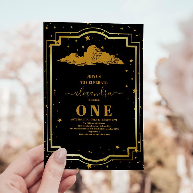 Invitación Elegante Celestial de Oro Negro Primer Cumpleaños (Subido por el creador)