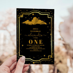 Invitación Elegante Celestial de Oro Negro Primer Cumpleaños