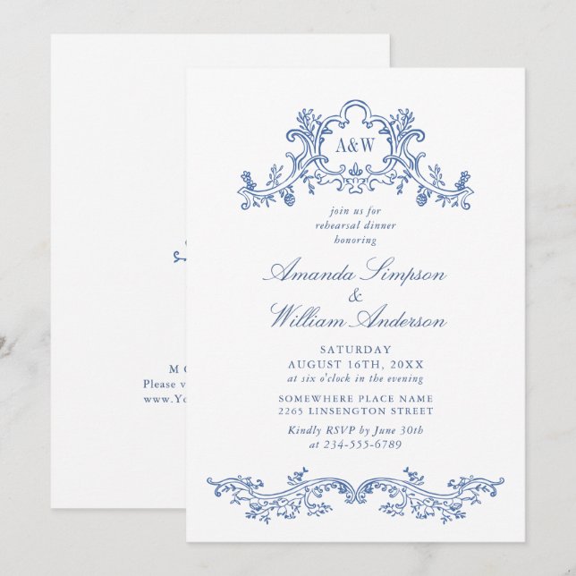 Invitación Elegante cena barroca de estilo clásico azul turqu (Anverso / Reverso)