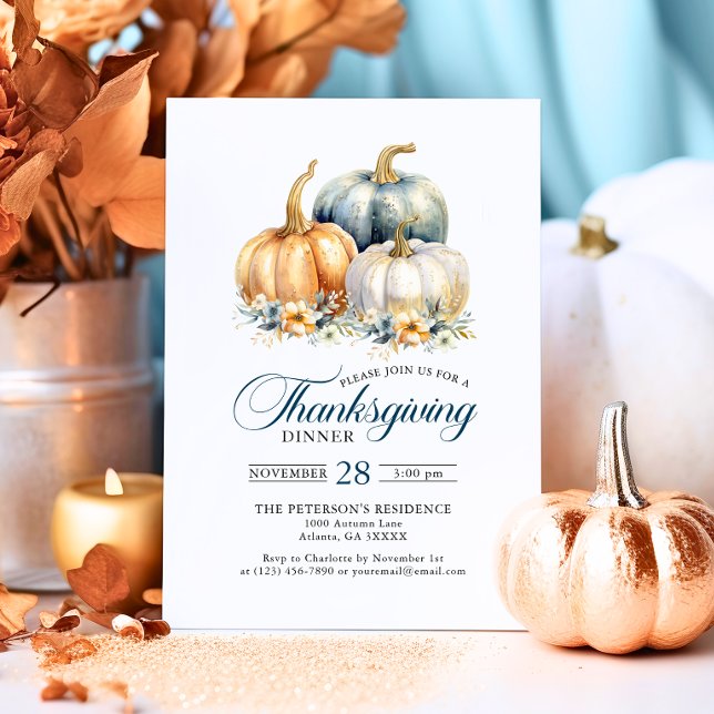 Invitación Elegante Cena de Acción de Gracias Calabazas de Or (Thanksgiving Dinner Blue Orange Gold Pumpkins Invitation)
